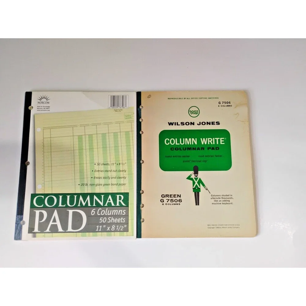 Set of 2 vintage accounting ledgers, both 6-column, 50 pages, green  New